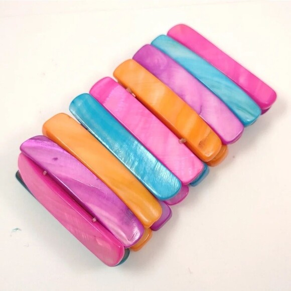 Abalone Shell Colorful Bracelet Stretch Wide Cuff Elastic Rainbow Colorful - Picture 9 of 9